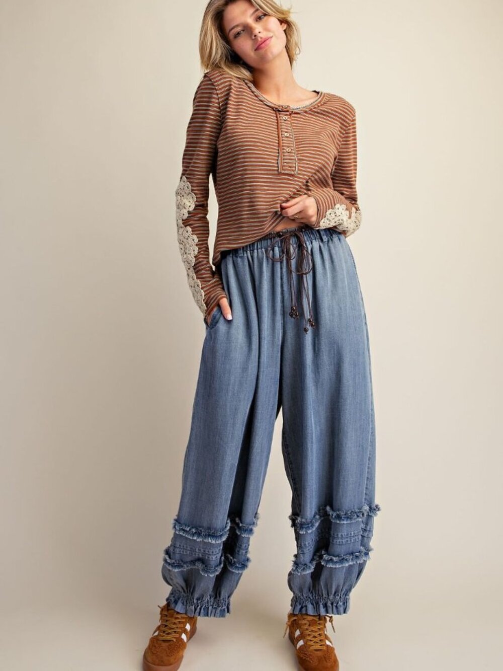 EASEL WASHED CHAMBRAY BARREL PANTS 100% TENCEL